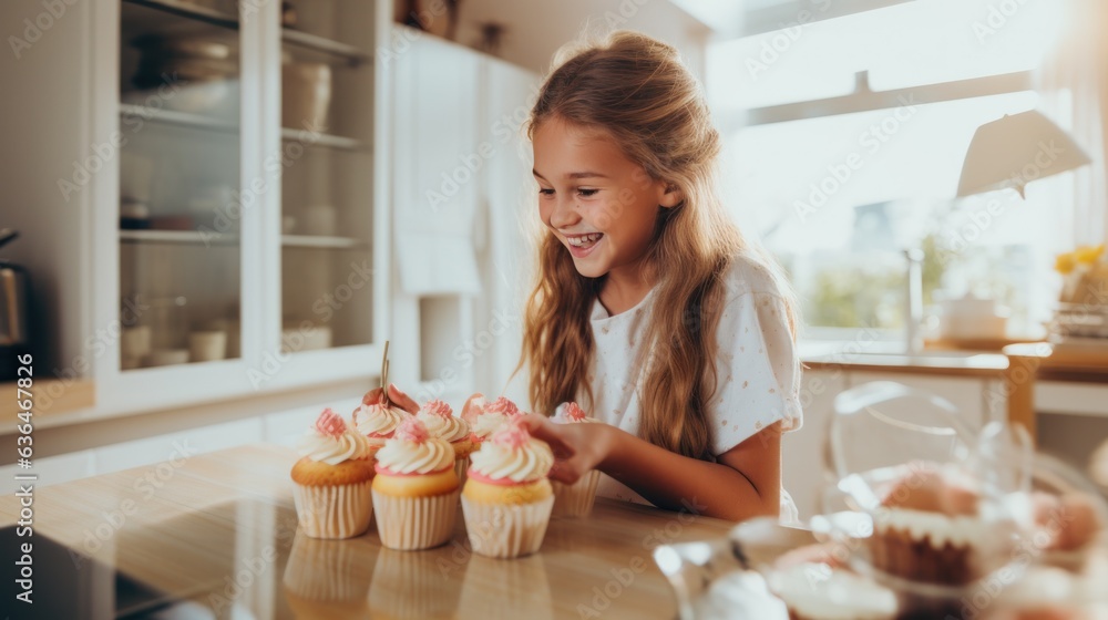 A beautiful girl of 10 years old bakes cupcakes with her mother in a kitchen.