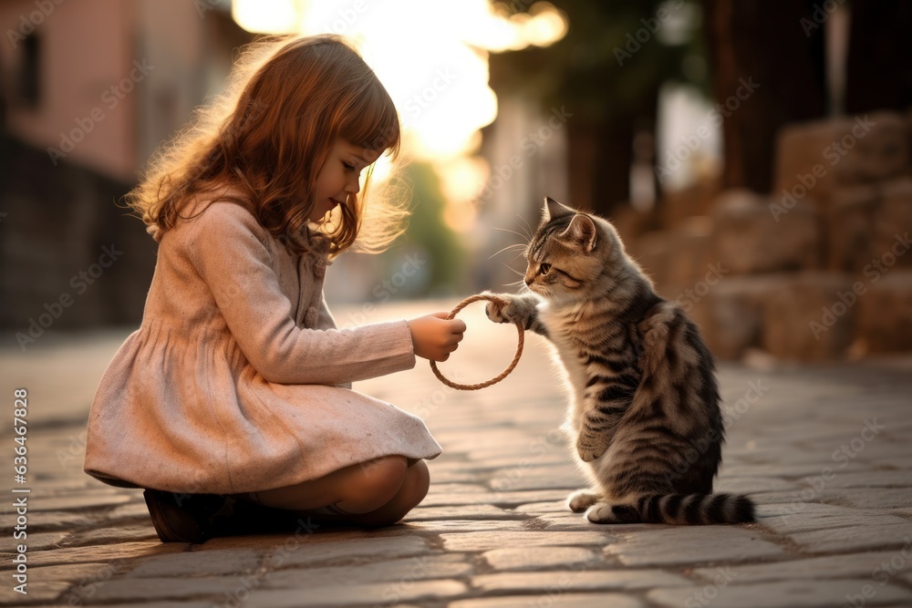 A girl holds a rope with a bow and a cat plays with her on the street