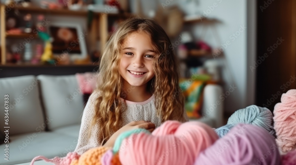 A beautiful girl of 10 years old is learning to knit.