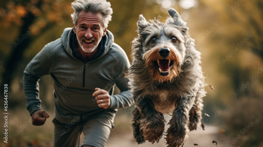 A man jogging with his dog