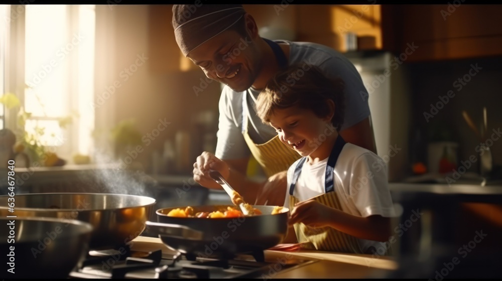 Dad with a son of 10 years cooking breakfast together