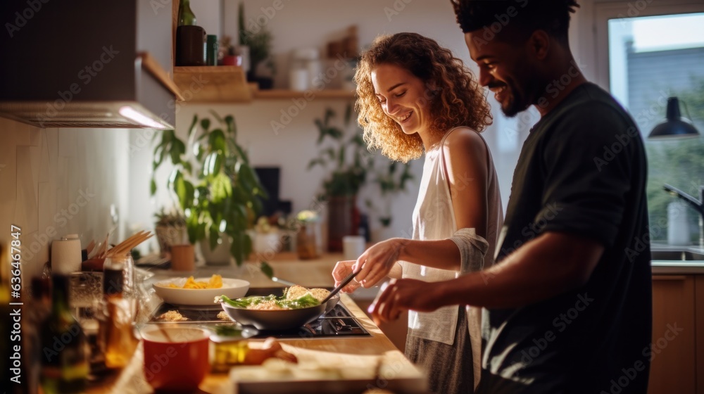 Black man and chinese woman cooking breakfast together.