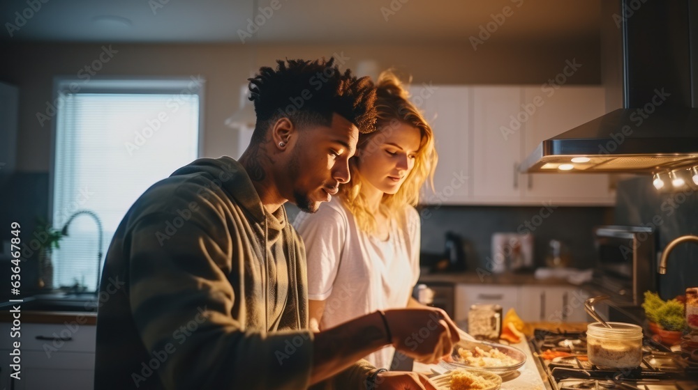 Black man and chinese woman cooking breakfast together.