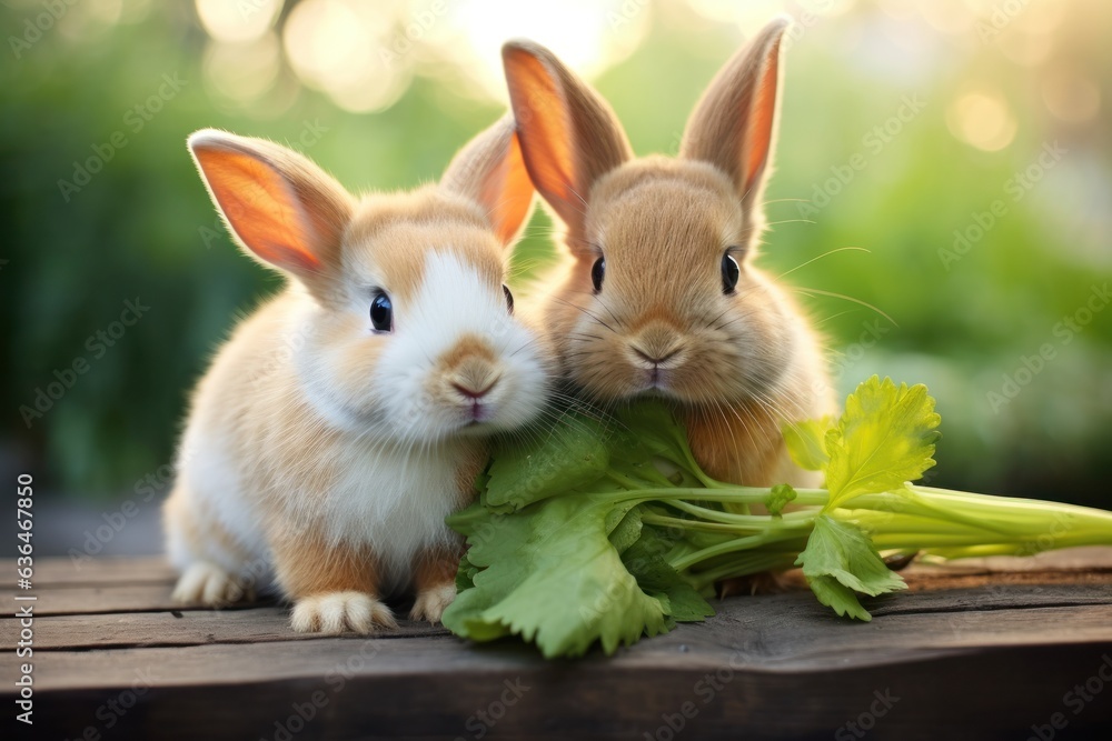 Two rabbits nibble on two carrots in the garden.