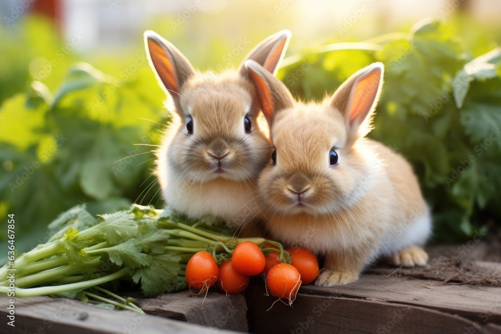 Two rabbits nibble on two carrots in the garden.