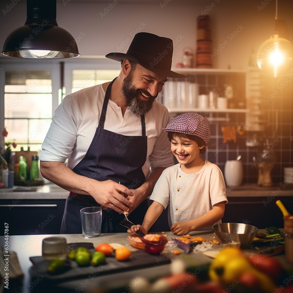 Dad with a son of 10 years cooking breakfast together