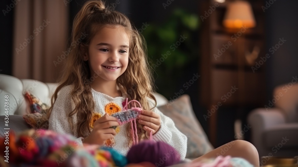 A beautiful girl of 10 years old is learning to knit.