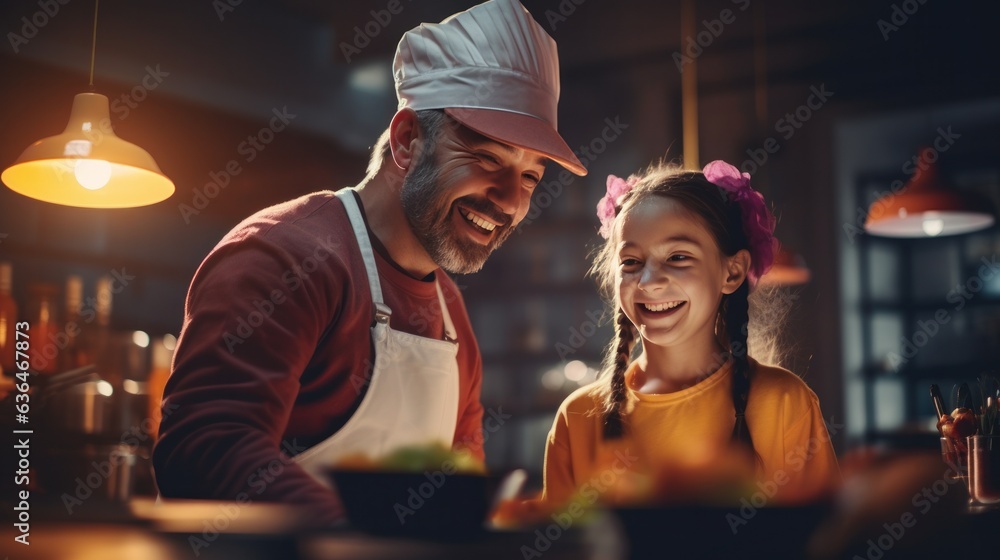 Dad with a girl of 10 years cooking breakfast together