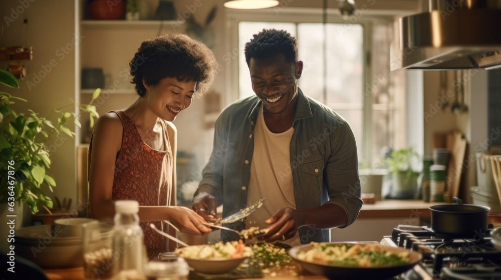 Black man and chinese woman cooking breakfast together.