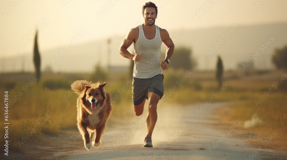 A man jogging with his dog