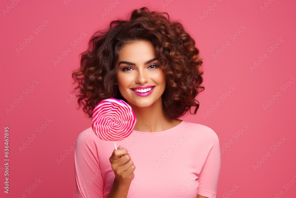 Beautiful Woman Eating Big Pink Lollipop isolated.