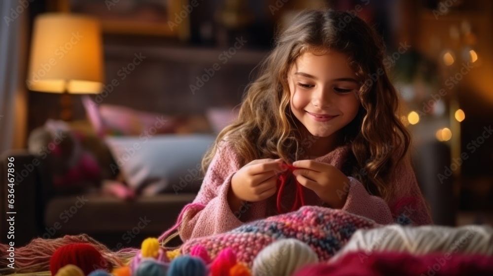 A beautiful girl of 10 years old is learning to knit.