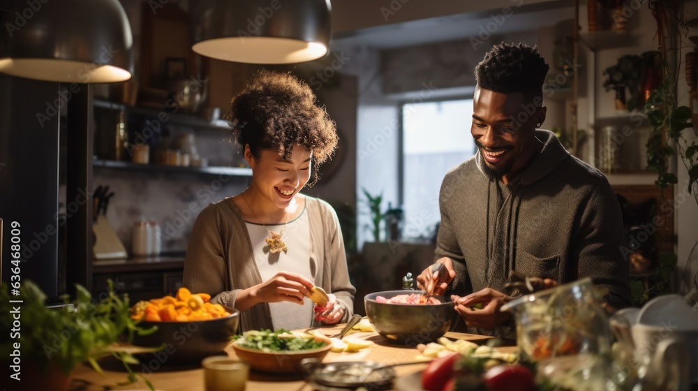 Black man and chinese woman cooking breakfast together.