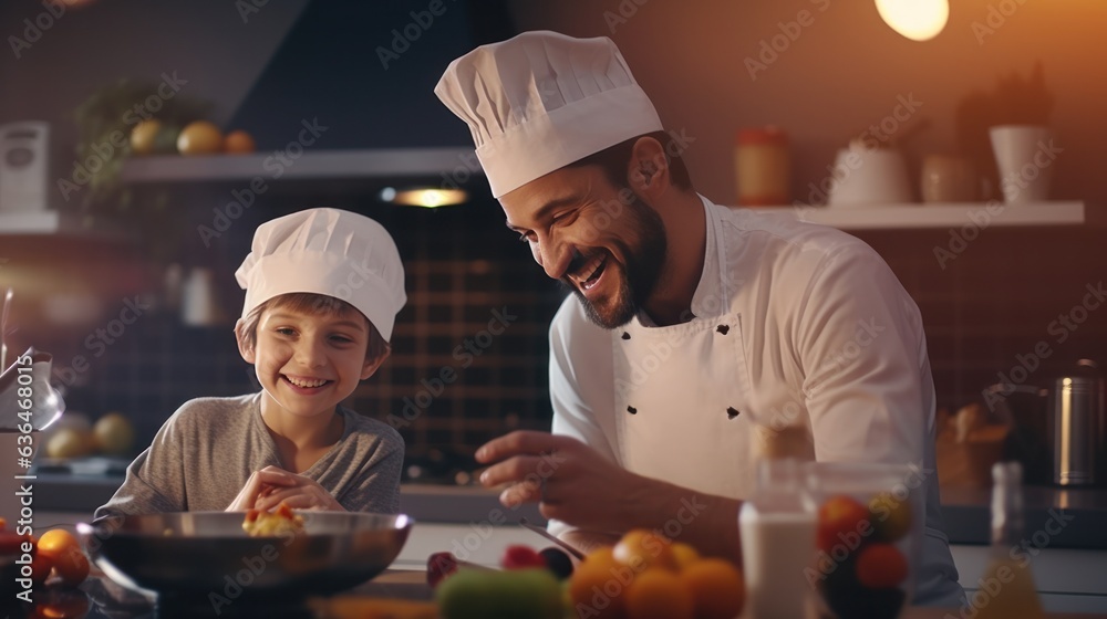 Dad with a son of 10 years cooking breakfast together