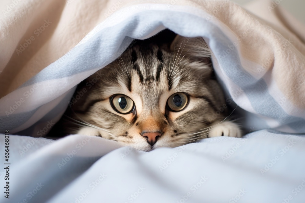 Cat in bed under the blanket