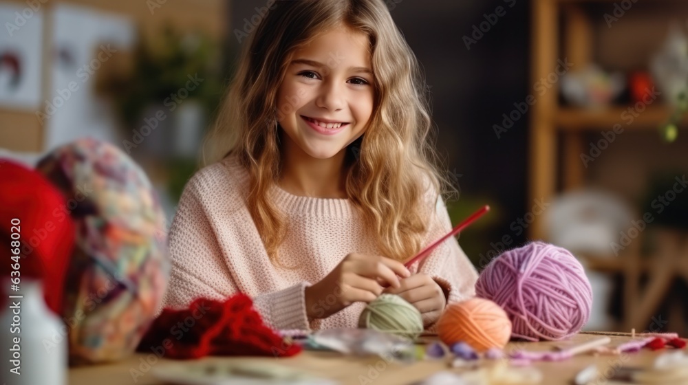 A beautiful girl of 10 years old is learning to knit.