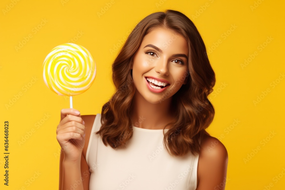 Beautiful Woman Eating Big Pink Lollipop isolated.