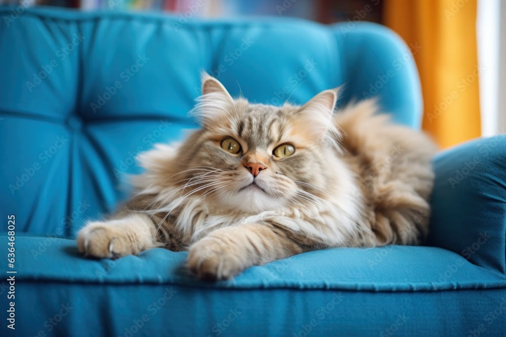 A fat cat lies on a blue sofa.