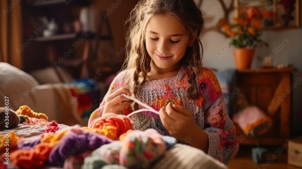 A beautiful girl of 10 years old is learning to knit.