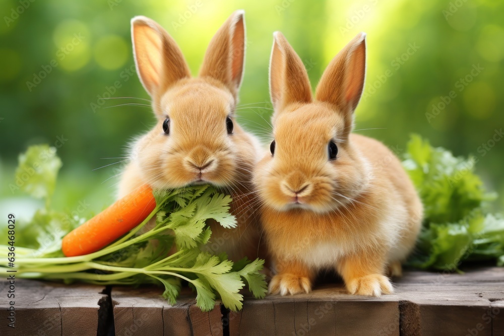 Two rabbits nibble on two carrots in the garden.