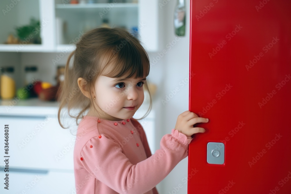 A girl in a red dress with sticks a magnet to the refrigerator.