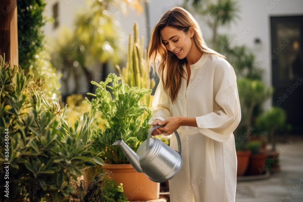 Woman watering plants in garden