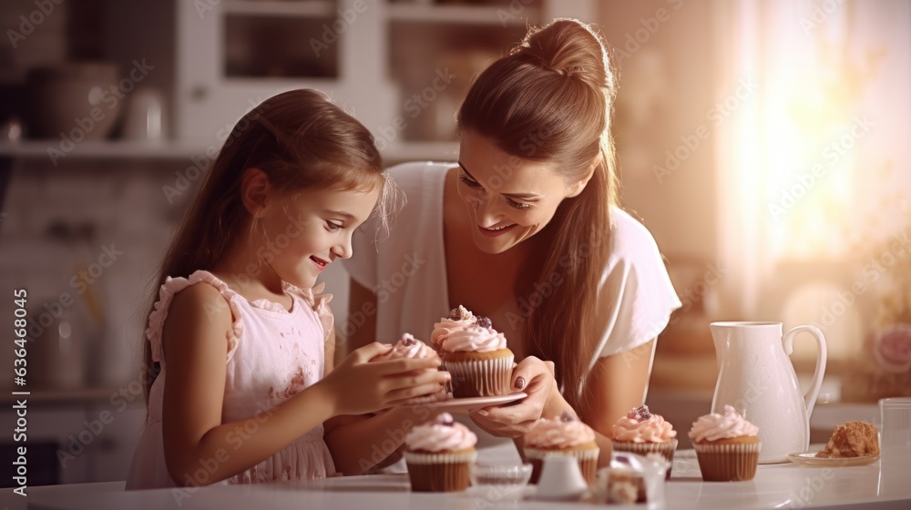 A beautiful girl of 10 years old bakes cupcakes with her mother in a kitchen.