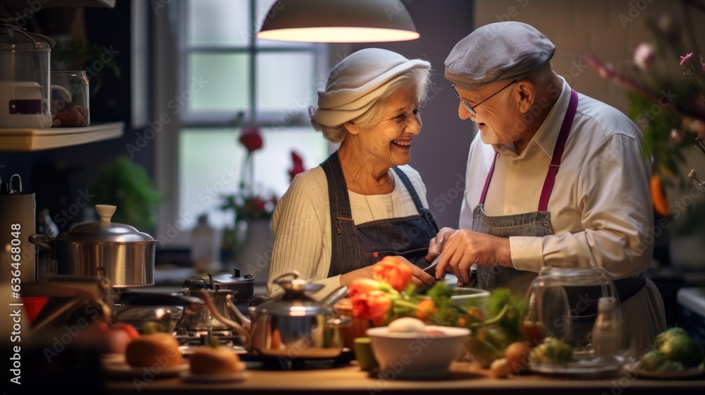 Old couple cooking breakfast together