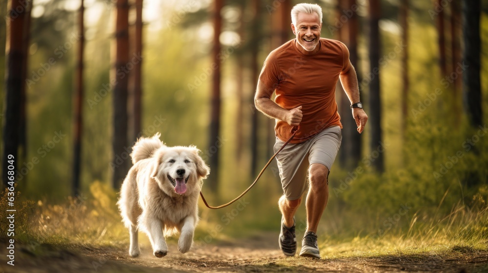 A man jogging with his dog