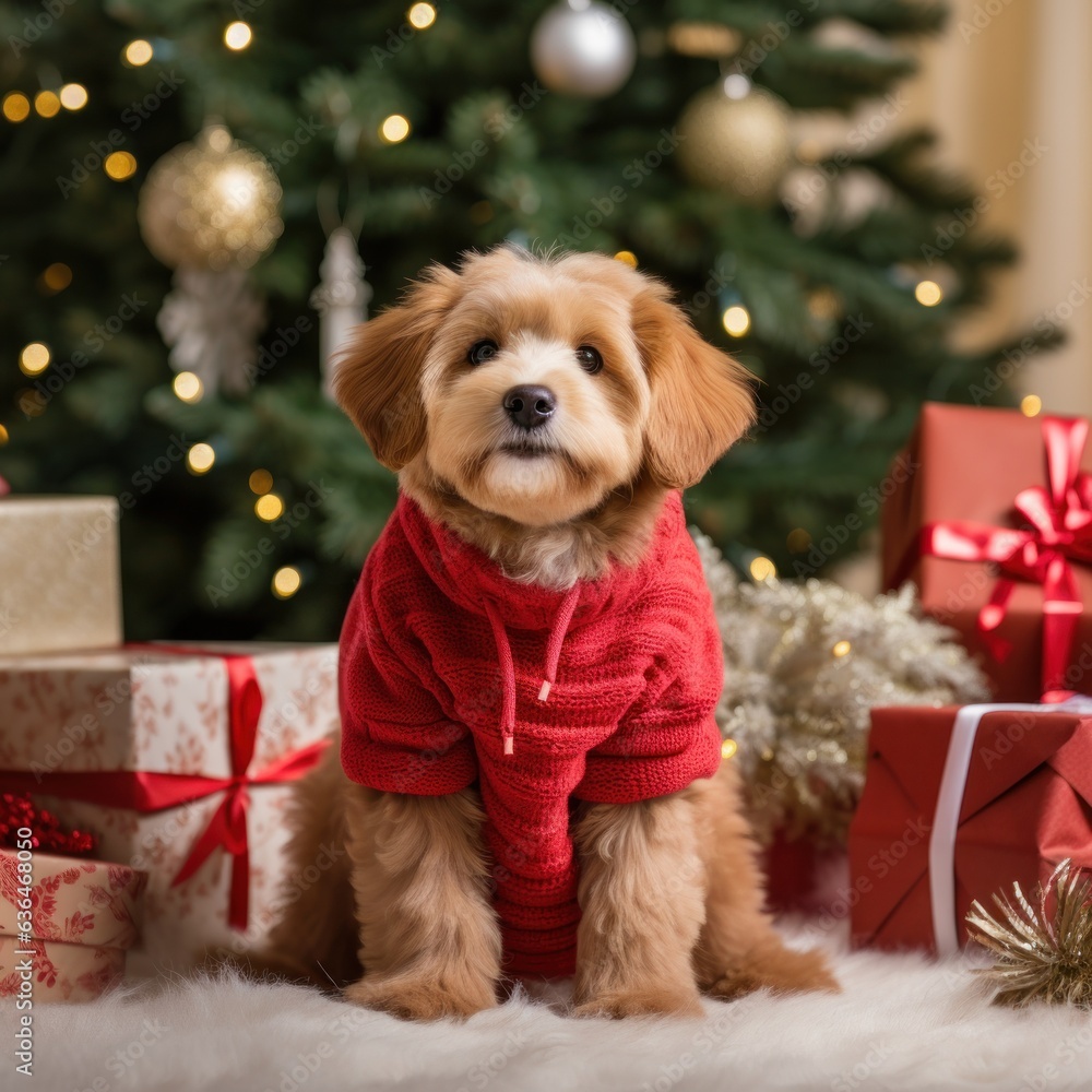 A dog in a red sweater sits under the Christmas tree