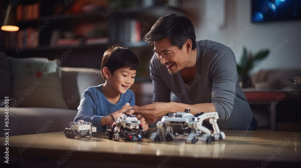 Dad with a boy of 10 years old plays a constructor