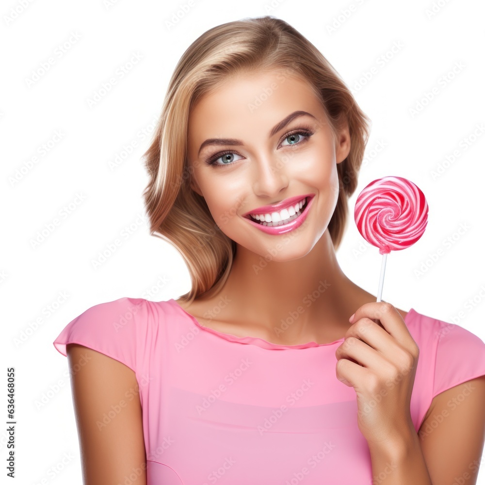 Beautiful Woman Eating Big Pink Lollipop isolated.