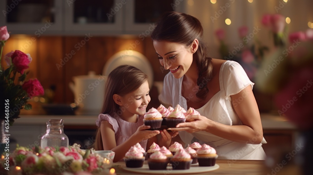 A beautiful girl of 10 years old bakes cupcakes with her mother in a kitchen.