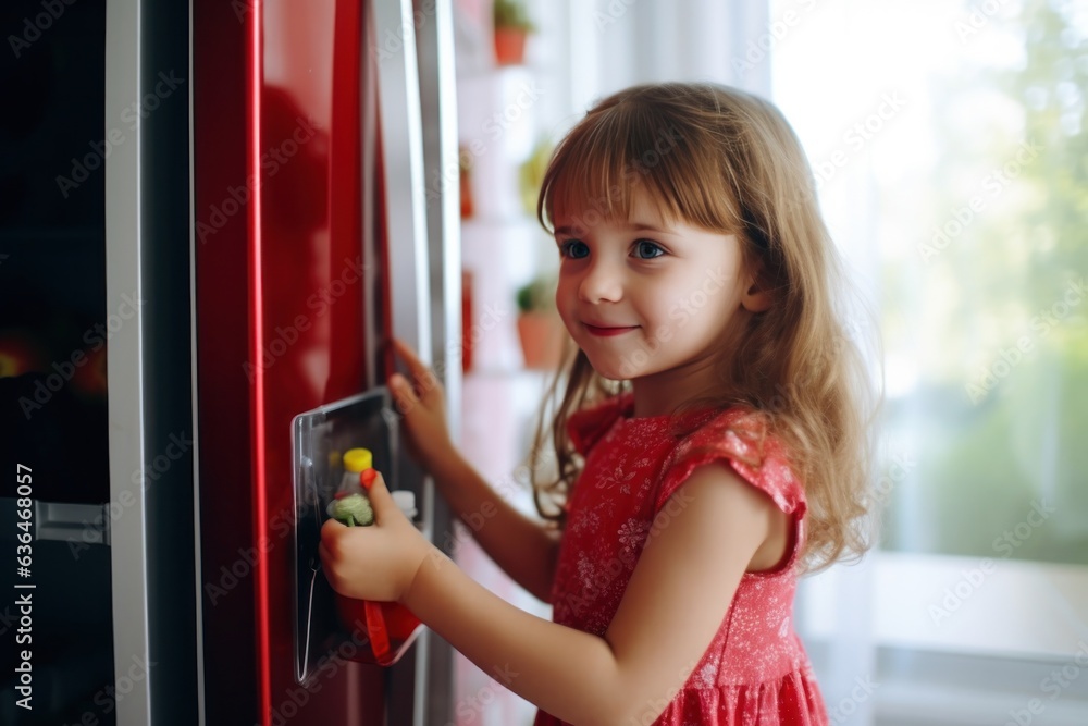 A girl in a red dress with sticks a magnet to the refrigerator.