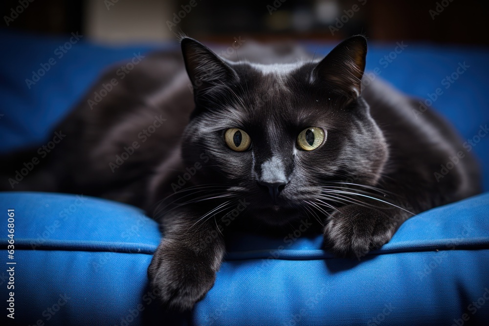 A fat cat lies on a blue sofa.