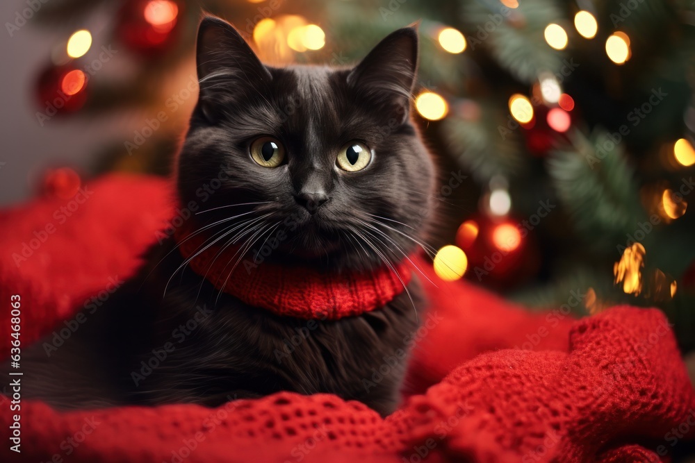 Cat in red sweater under the Christmas tree