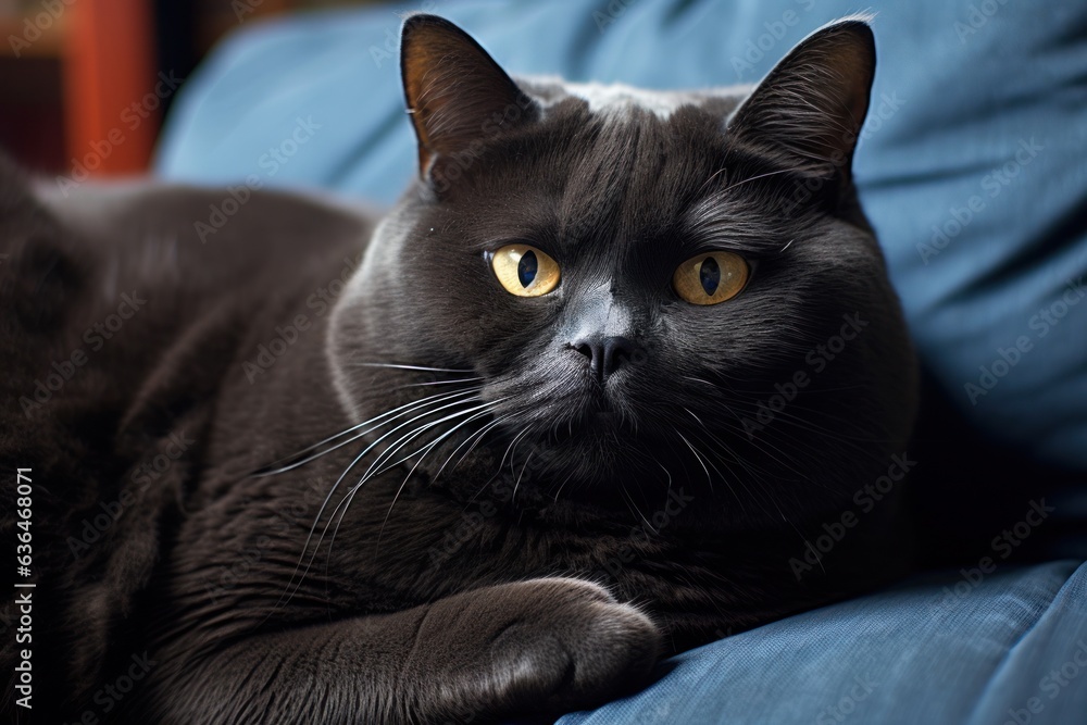 A fat cat lies on a blue sofa.