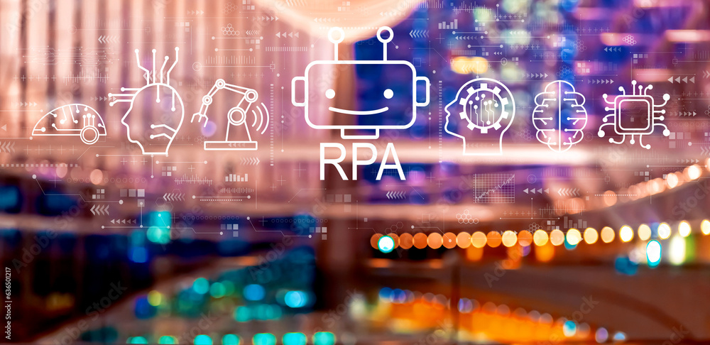 Robotic Process Automation RPA theme with big city lights at night