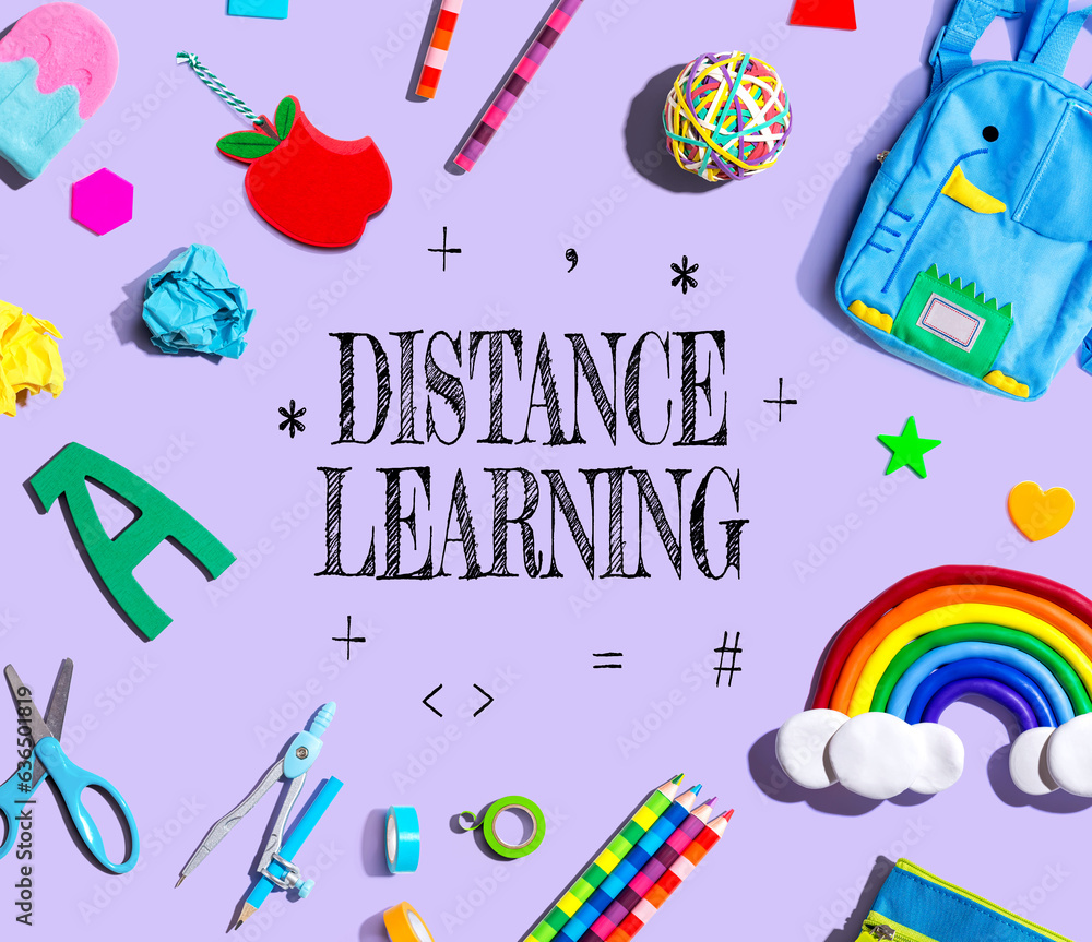 Distance Learning theme with school supplies on a purple background - flat lay