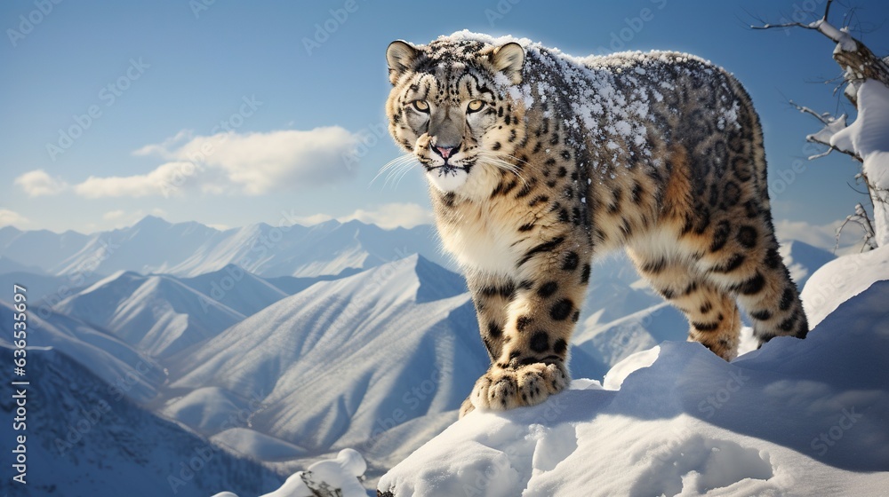  a snow leopard standing on top of a snow covered mountain.  generative ai