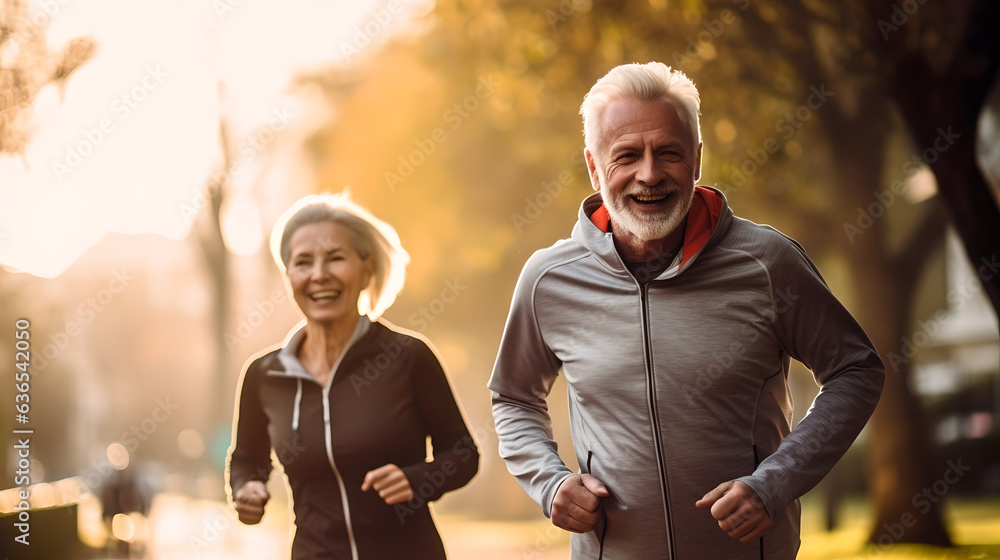 Active senior couple jogging outside in city park along alley with green trees. Happy joyful retiree