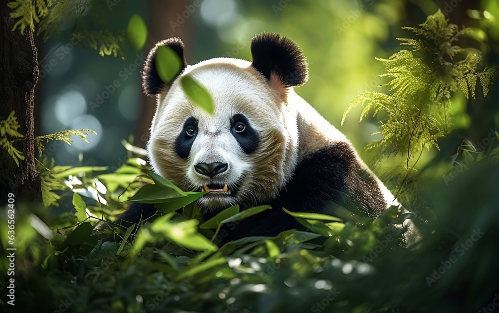 Beautiful Giant Panda in Forest Closeup. AI