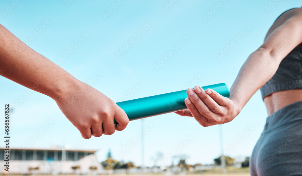 Person, team and hands with baton in relay, running marathon or sports fitness on stadium track. Clo