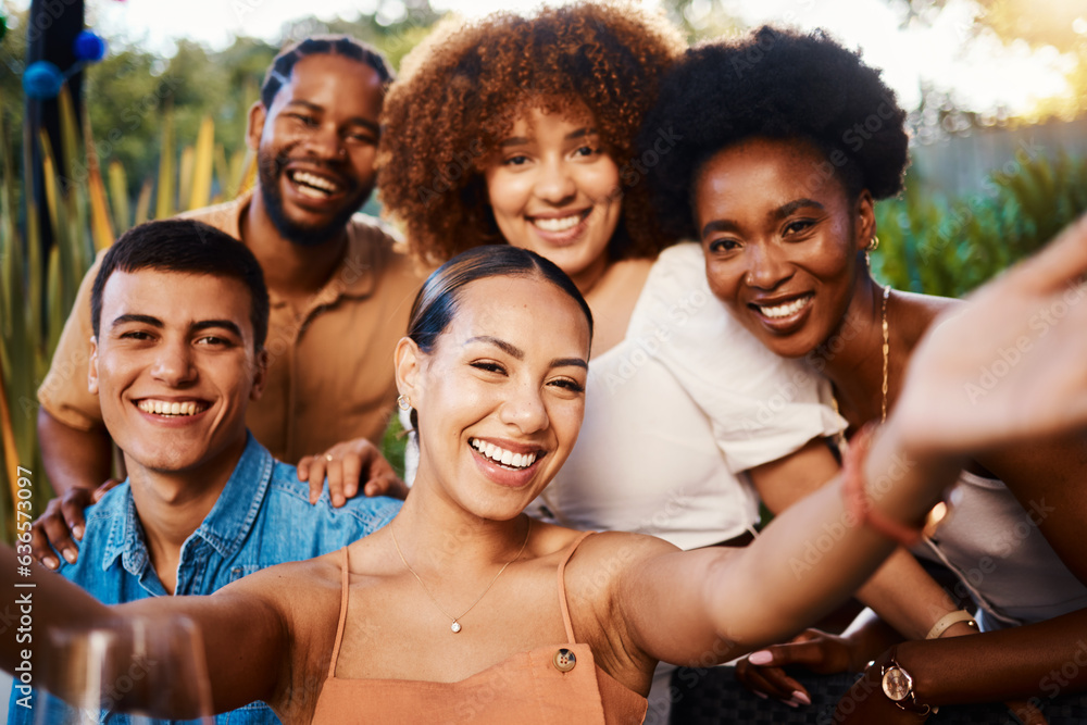 Smile, portrait and selfie of friends at cafe, bonding and happy memory at sunset. Face, group and p