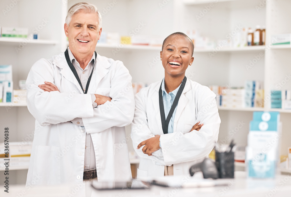 Portrait, smile and arms crossed for pharmacy with a team in a drugstore for healthcare or treatment