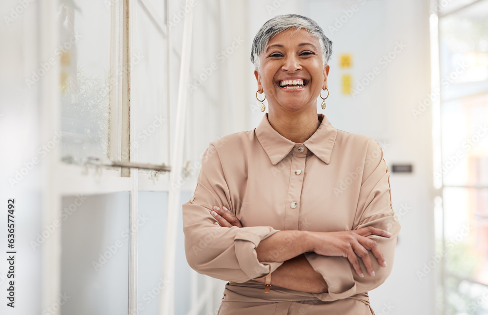 Smile, arms crossed and portrait of business woman in office for entrepreneur, professional or manag