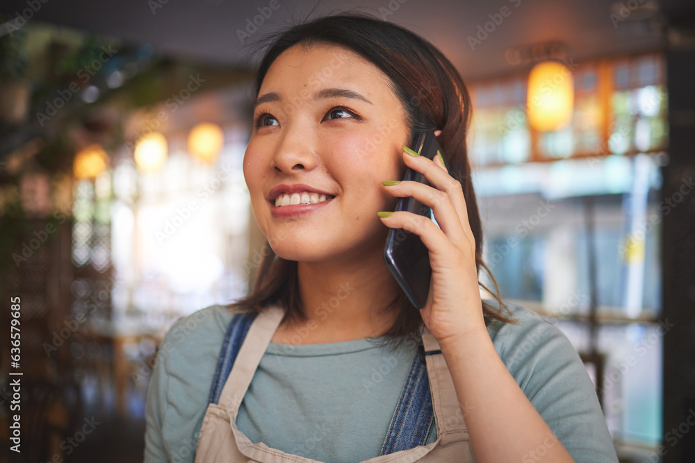 Restaurant, phone call and Asian woman for order, delivery and online food service in cafeteria. Cof