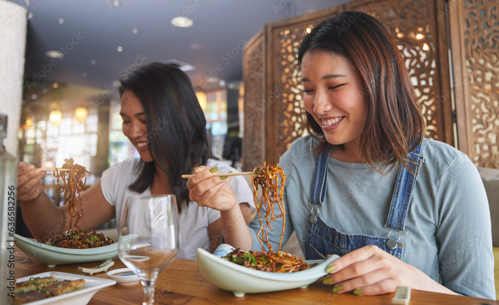 Restaurant, girl friends and smile with food, noodles and cafe happy from bonding. Asian women, eati