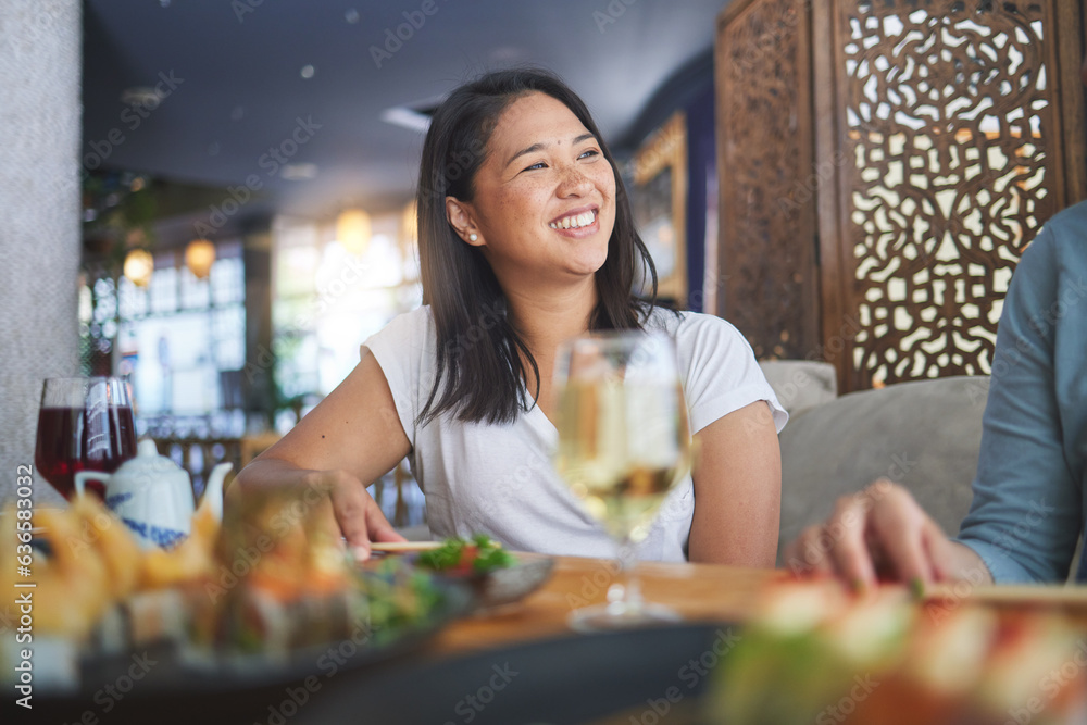 Japanese woman, sushi restaurant and smile for eating, thinking and conversation for fine dining at 