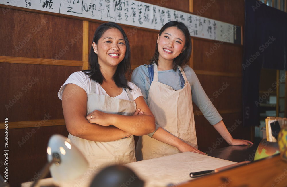 Restaurant business owner, team or portrait of Asian women with smile, confidence or pride together.